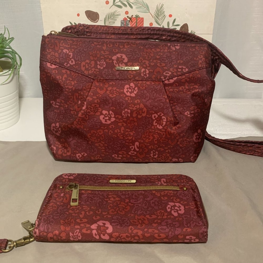 Travelon Crossbody and Wallet in Red Floral Pattern
